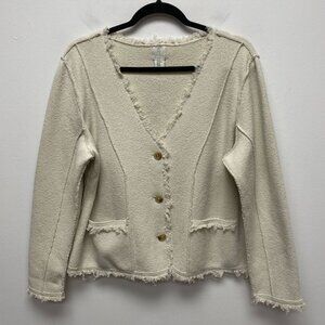 Joie Beige VNeck Frayed Trim Long Sleeve Button Front Cardigan Sweater Blazer XL